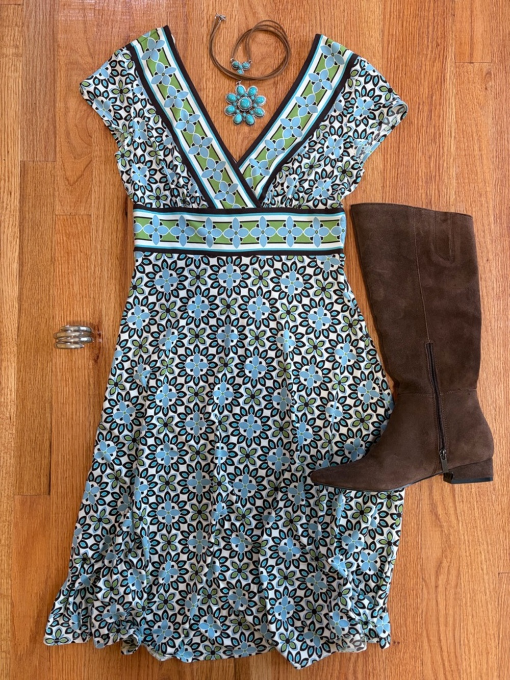 Y2K Patterned Criss-Cross Dress Brown, Blue, Green